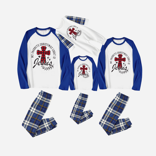 My Favorite Christmas Light Is Jesus Family Christmas Pajamas Set - White Top with Blue Sleeves and Blue Plaid Pants