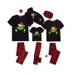 Grinch Middle Finger Family Pajamas Set - Black Top Red Pants Red Plaid Sleeves Grinch Face with Santa Hat and Gesture Print