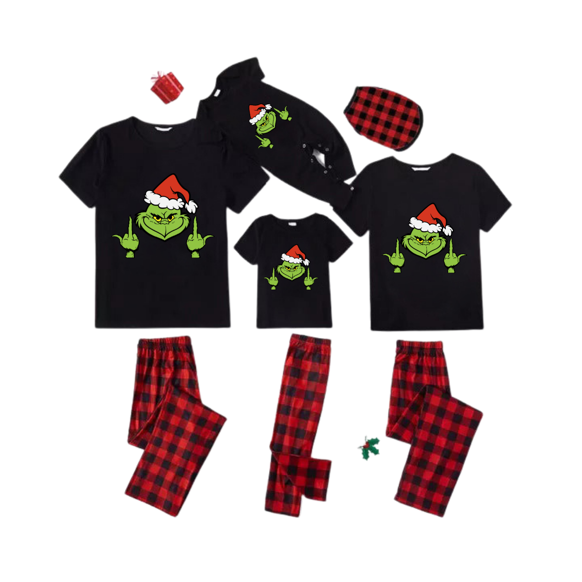 Grinch Middle Finger Family Pajamas Set - Black Top Red Pants Red Plaid Sleeves Grinch Face with Santa Hat and Gesture Print