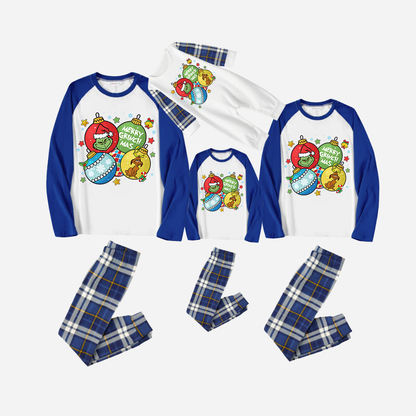 Blue Raglan Top Blue Plaid Christmas Pajamas Set With Ball Ornaments and Grinch Print