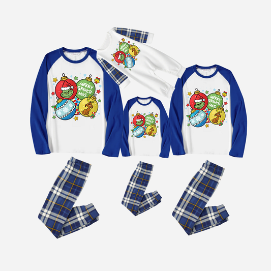 Blue Raglan Top Blue Plaid Christmas Pajamas Set With Ball Ornaments and Grinch Print