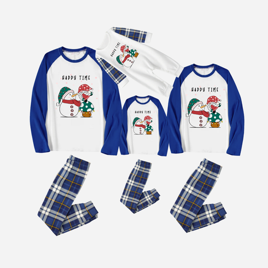 Blue Raglan Top Blue Plaid Christmas Pajamas Set With Snowman and Gnome and "Happy Time" Text Print