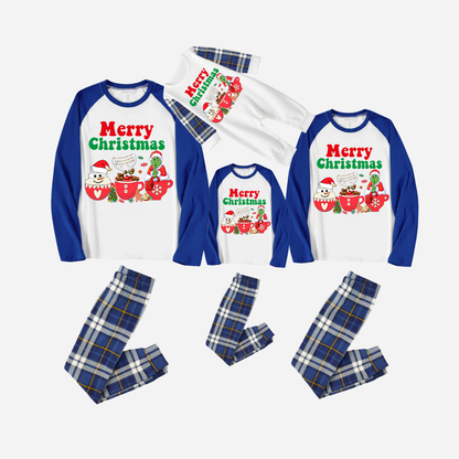 Blue Raglan Top Blue Plaid Christmas Pajamas Set With "Merry Christmas" and Cartoon Pattern Print