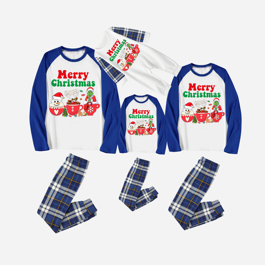 Blue Raglan Top Blue Plaid Christmas Pajamas Set With "Merry Christmas" and Cartoon Pattern Print
