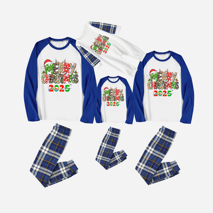 Merry Christmas 2025 Family Christmas Pajamas Set - White Top with Blue Sleeves and Blue Plaid Pants