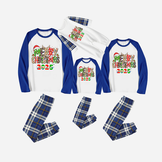 Merry Christmas 2025 Family Christmas Pajamas Set - White Top with Blue Sleeves and Blue Plaid Pants