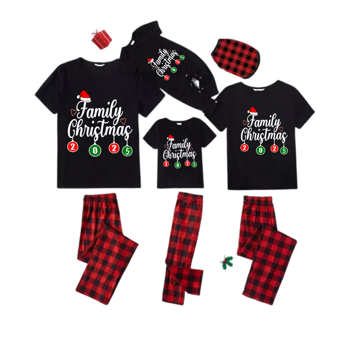 "Family Christmas" 2025 Letter Print Black Short Sleeve with Red & Black Plaid Pant Family Matching Pajamas