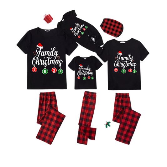 "Family Christmas" 2025 Letter Print Black Short Sleeve with Red & Black Plaid Pant Family Matching Pajamas