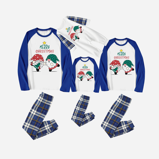 Blue Raglan Top Blue Plaid Christmas Pajamas Set With Gnome and Merry Christmas Text Print