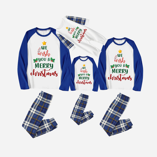 Blue Raglan Top Blue Plaid Christmas Pajamas Set With "We Wish You a Merry Christmas" Text Print