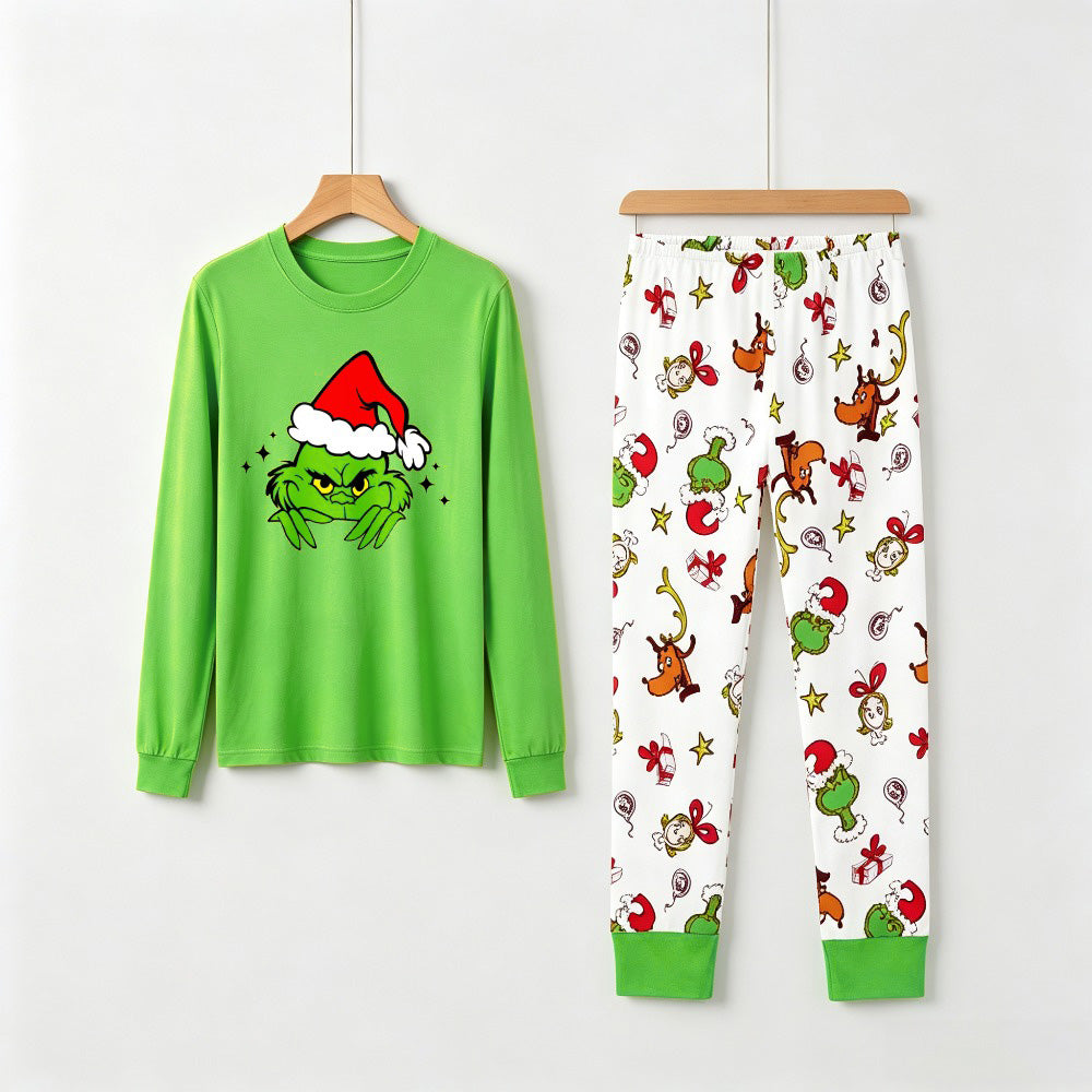 Green Grinch Christmas Family Matching Pajamas Set with Santa Hat Graphic Top and Print Pants