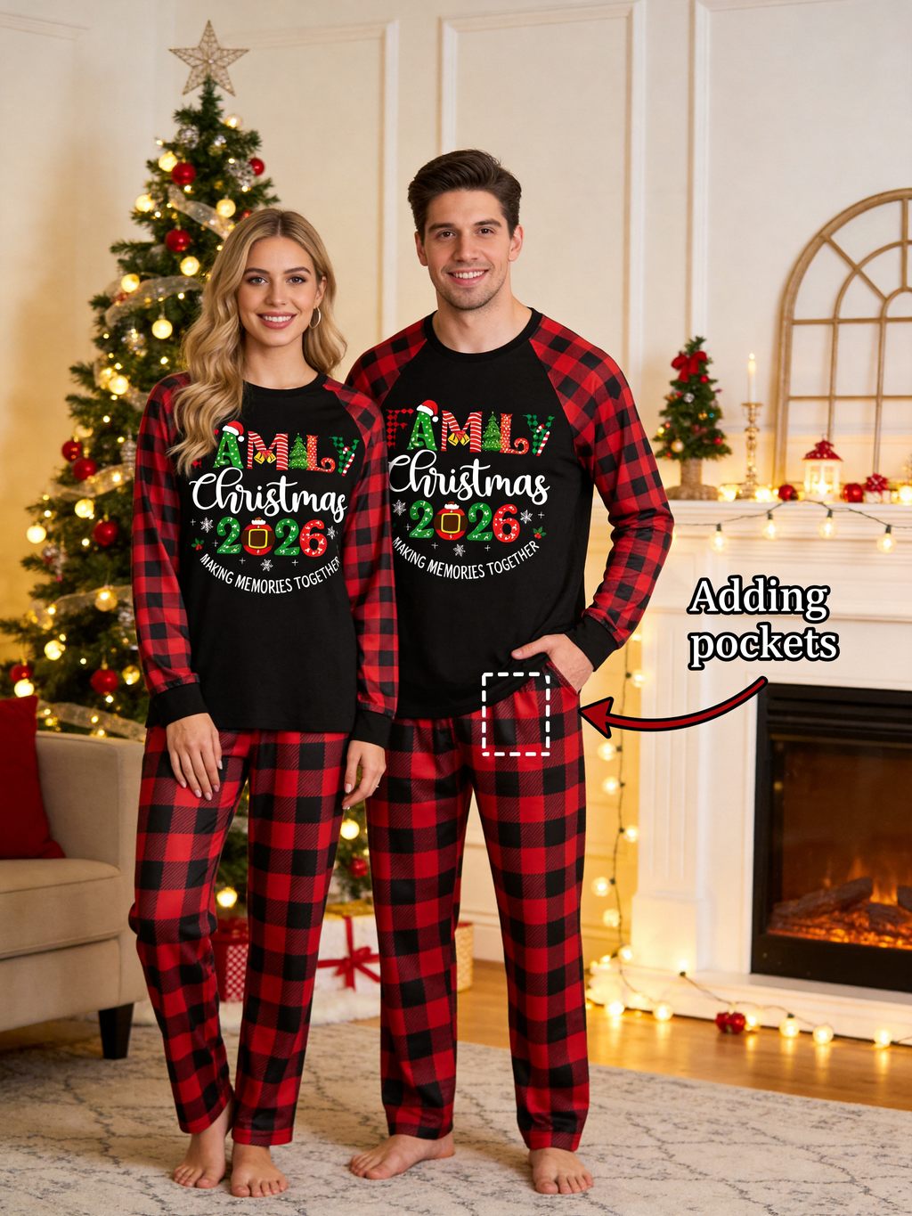 "Family Christmas 2026" Cute Print Black & Red Plaid Christmas Couple Matching Pajamas
