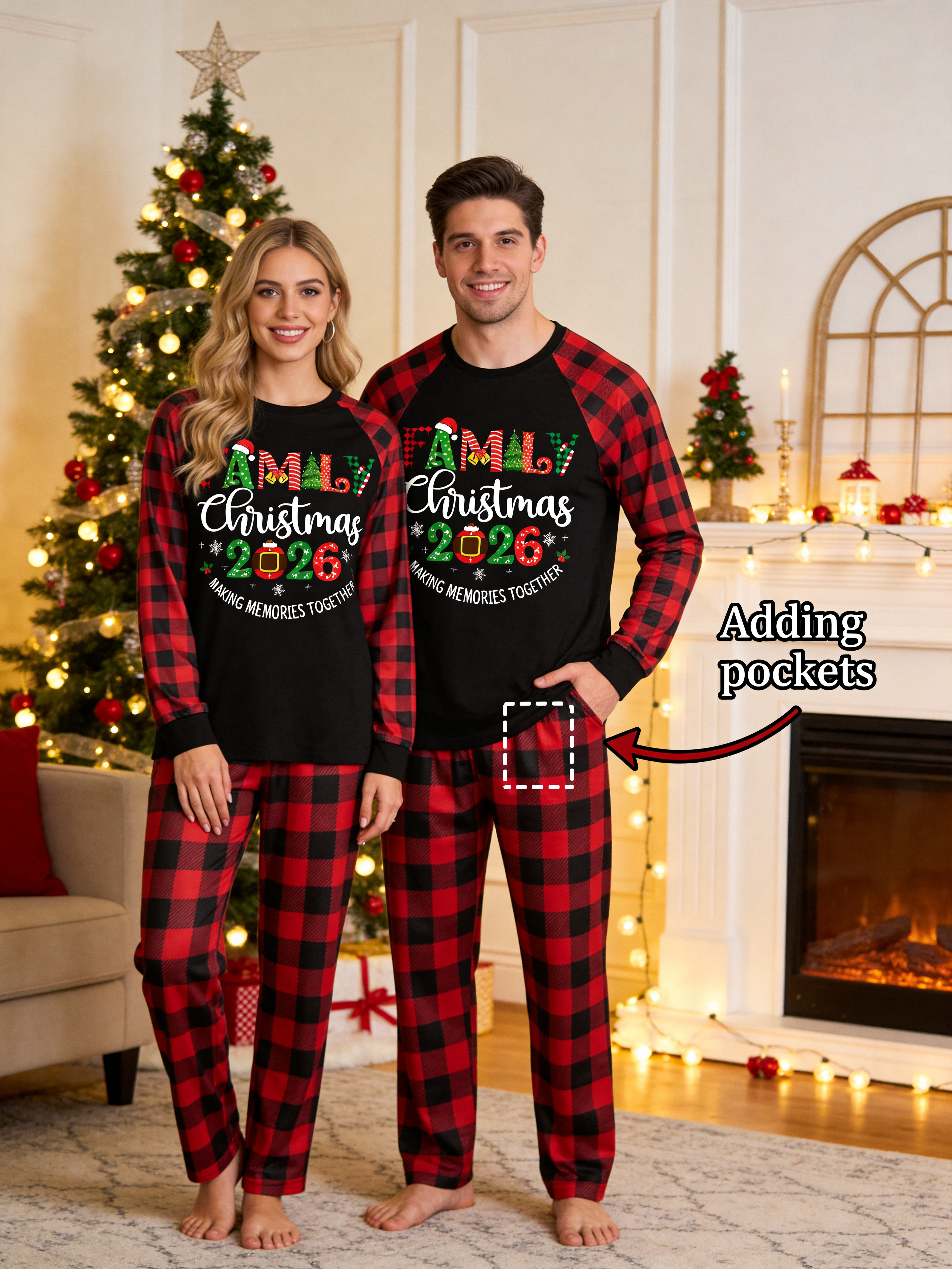"Family Christmas 2026" Cute Print Black & Red Plaid Christmas Couple Matching Pajamas