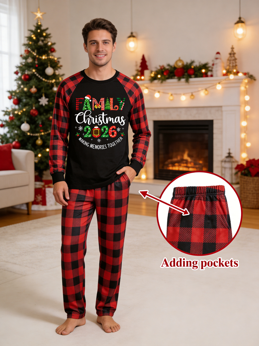 "Family Christmas 2026" Cute Print Black & Red Plaid Christmas Couple Matching Pajamas