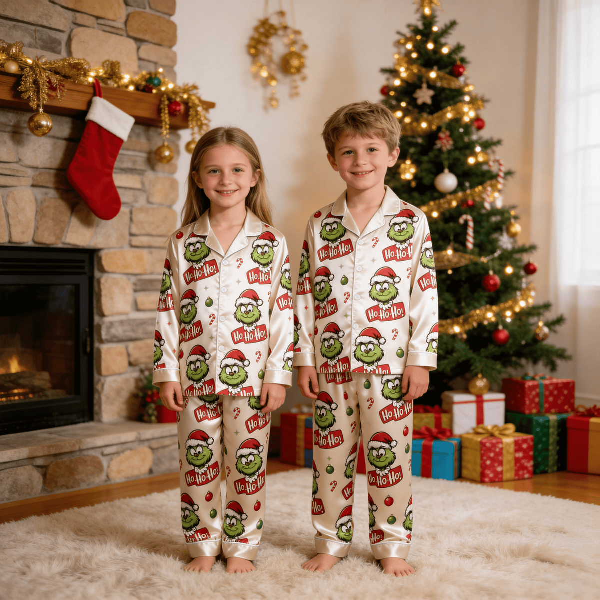 Green Face & Ho-Ho-Ho Text Print Satin Button-Up Family Christmas Pajamas Set