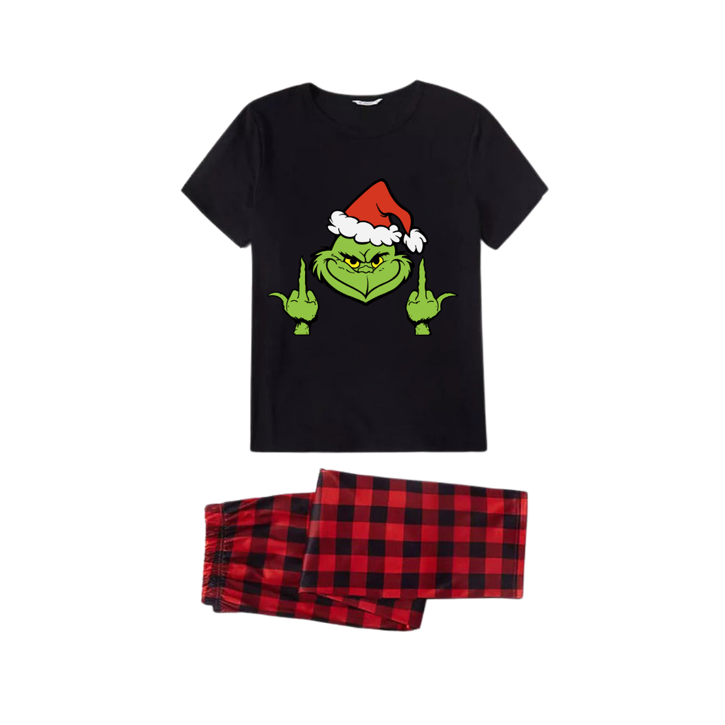 Grinch Middle Finger Family Pajamas Set - Black Top Red Pants Red Plaid Sleeves Grinch Face with Santa Hat and Gesture Print