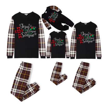 Matching Family Christmas Pajamas Jesus Is the Reason, Brown Plaid Sleeves
