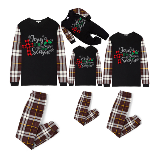 Matching Family Christmas Pajamas Jesus Is the Reason, Brown Plaid Sleeves