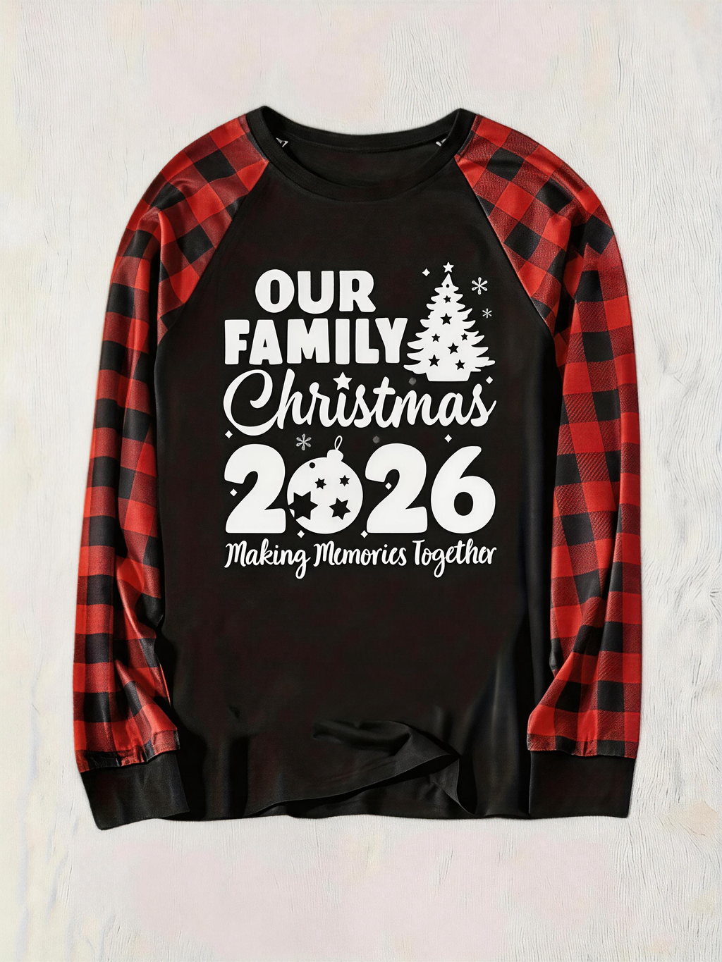 Christmas Tree & "2026 Making Memories Together" Patterned Contrast top and Black & Red Plaid Pants Couple Matching Pajamas Set