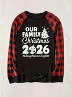 Christmas Tree & "2026 Making Memories Together" Patterned Contrast top and Black & Red Plaid Pants Couple Matching Pajamas Set