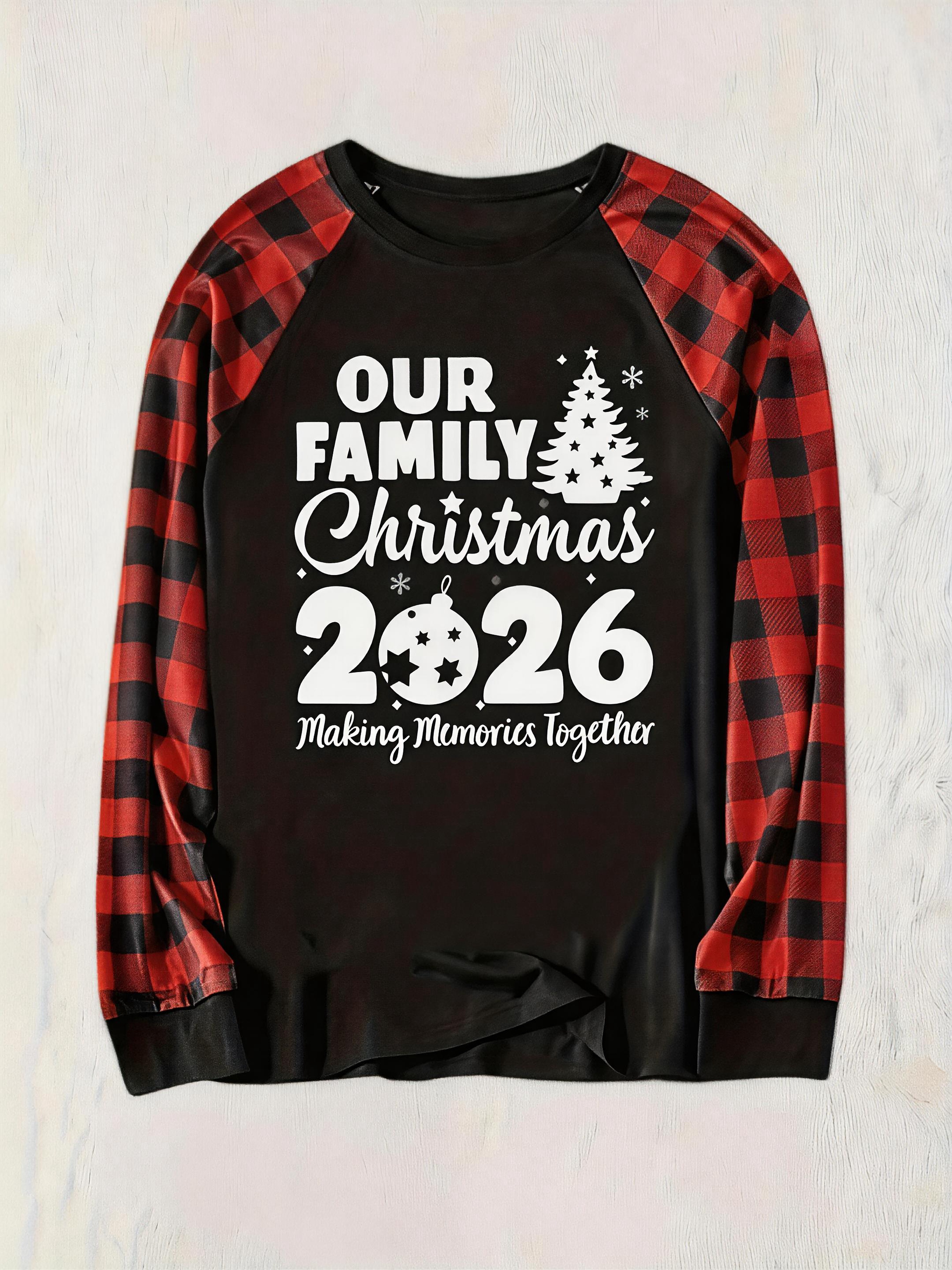Christmas Tree & "2026 Making Memories Together" Patterned Contrast top and Black & Red Plaid Pants Couple Matching Pajamas Set