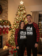 Christmas Tree & "2026 Making Memories Together" Patterned Contrast top and Black & Red Plaid Pants Couple Matching Pajamas Set