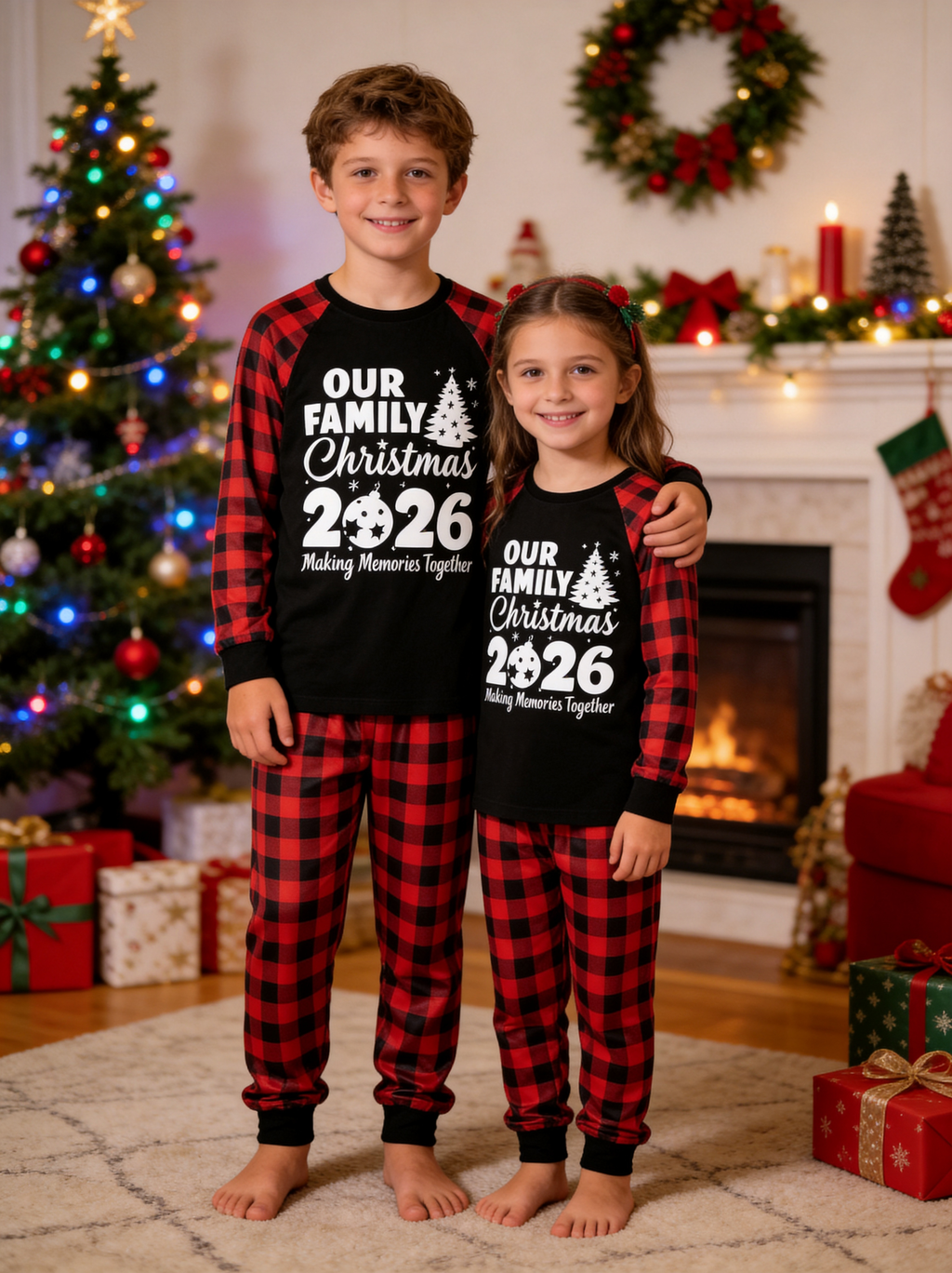 Christmas Tree & "2026 Making Memories Together" Patterned Contrast top and Black & Red Plaid Pants Couple Matching Pajamas Set