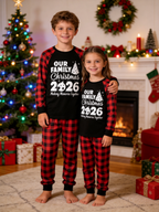 Christmas Tree & "2026 Making Memories Together" Patterned Contrast top and Black & Red Plaid Pants Couple Matching Pajamas Set