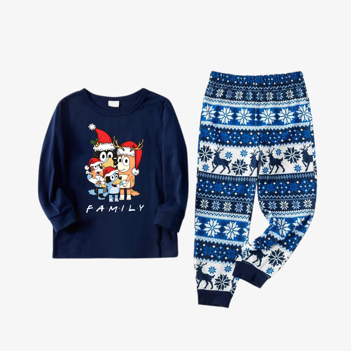 Bluey-Themed Festive Animal Pattern Navy Blue Plaid Family Pajama Sets