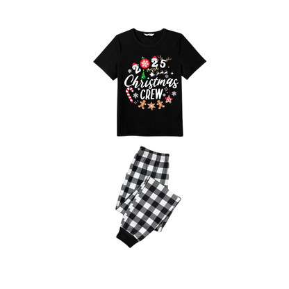Christmas Crew 2025 Family Pajamas Set - Black Top Black and White Plaid Pants Candy Cane and Cookies Graphic