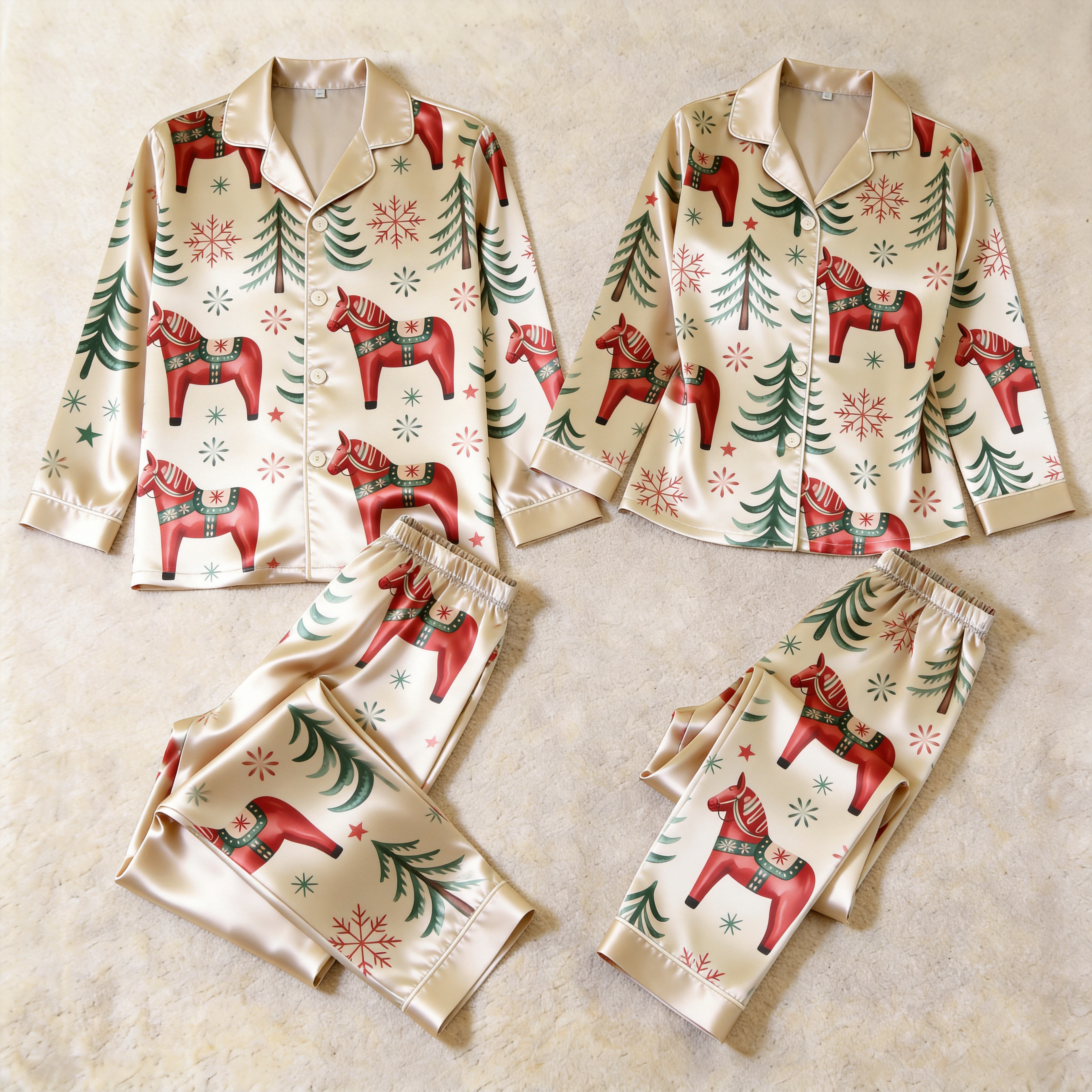 Dala Horse Holiday Satin Matching Pajamas for Couples – Long Sleeve Button-Down Top & Pants Sleepwear Set