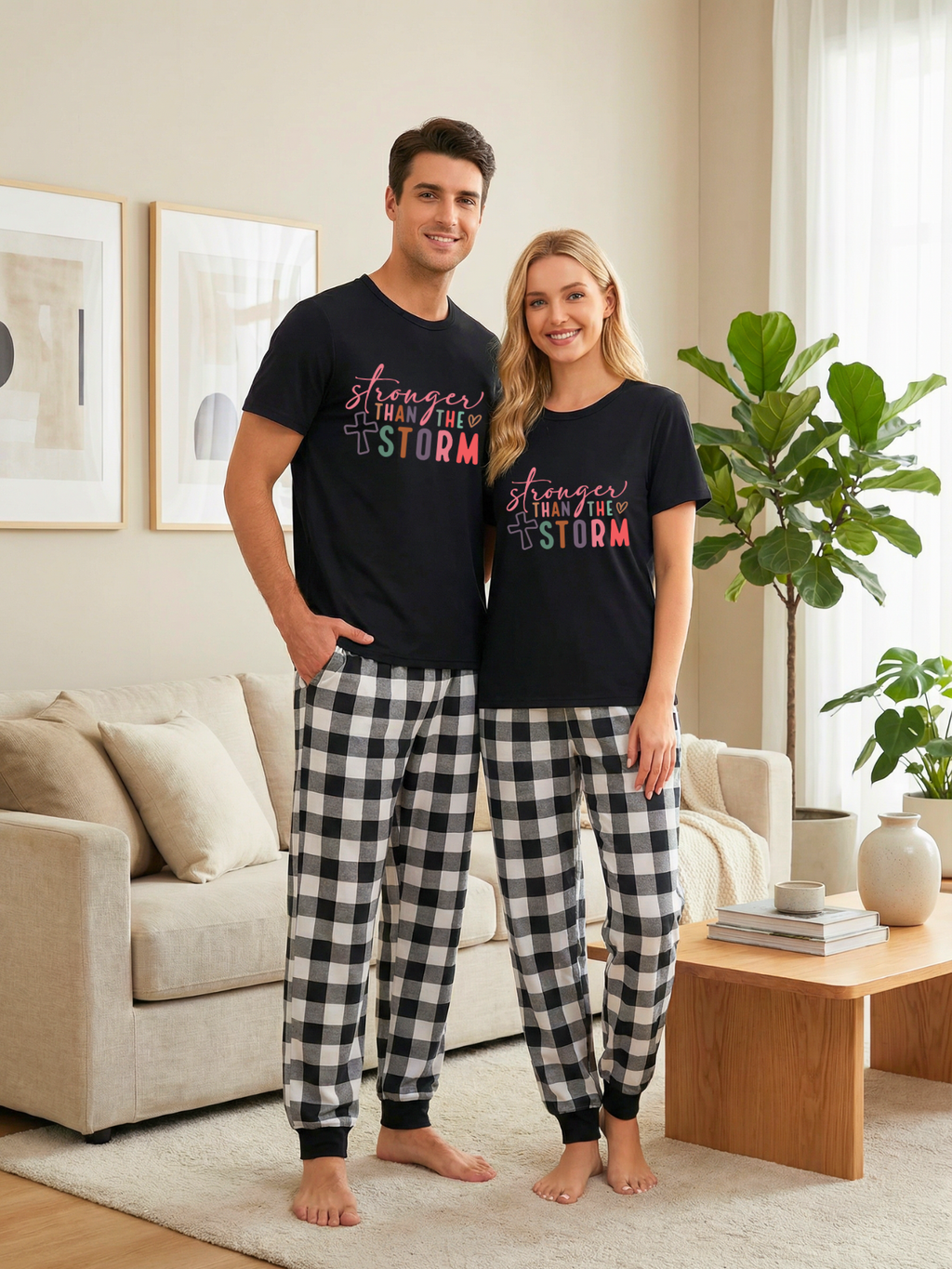 Strong Than The StrongText Printed Black Short Sleeve and Black&White Plaid Pants Family Matching Pajamas Set