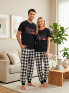 Strong Than The StrongText Printed Black Short Sleeve and Black&White Plaid Pants Family Matching Pajamas Set