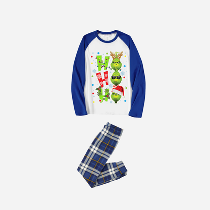Blue Raglan Top Blue Plaid Christmas Pajamas Set With "ho ho ho" and Christmas Grinch Print