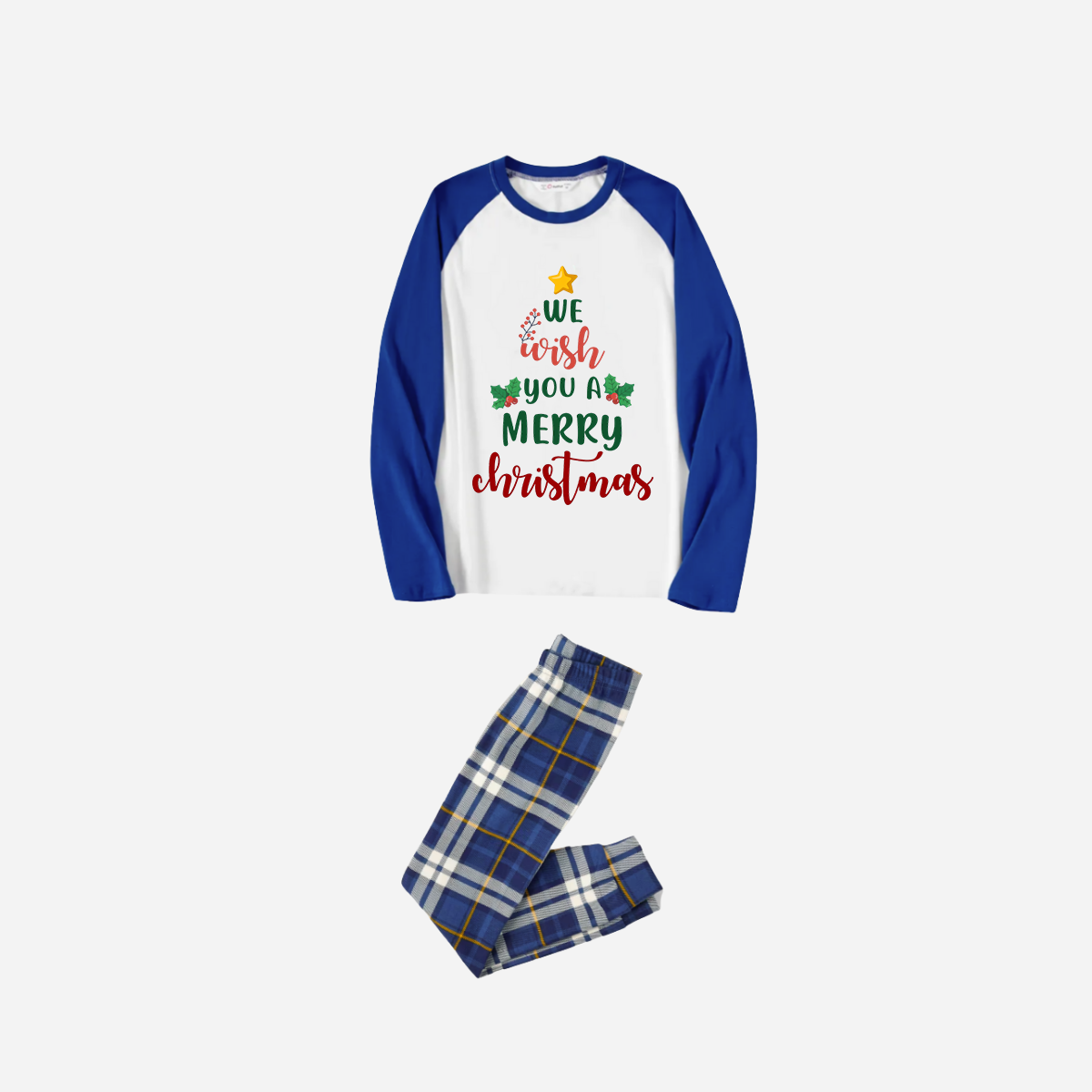 Blue Raglan Top Blue Plaid Christmas Pajamas Set With "We Wish You a Merry Christmas" Text Print
