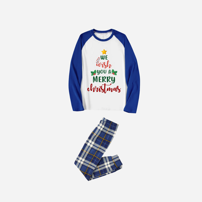 Blue Raglan Top Blue Plaid Christmas Pajamas Set With "We Wish You a Merry Christmas" Text Print