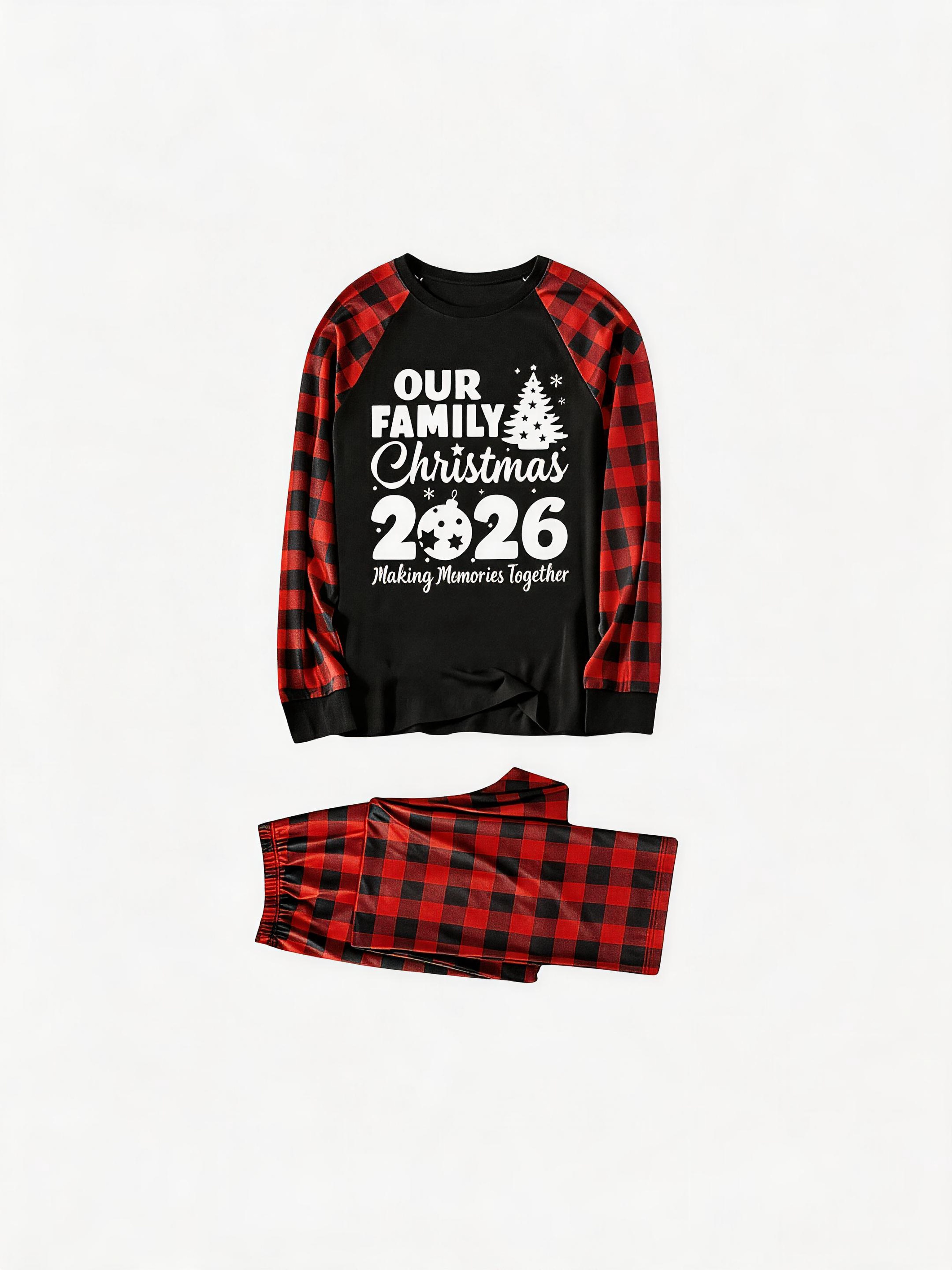 Christmas Tree & "2026 Making Memories Together" Patterned Contrast top and Black & Red Plaid Pants Couple Matching Pajamas Set
