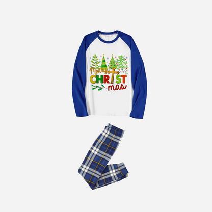 Merry Christmas Tree Family Pajamas Set - White Top Blue Sleeves Blue Plaid Pants Multicolor Text Graphic