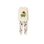Beige Christmas Pattern Print Christmas Pajamas Set With Cute Grinch Print