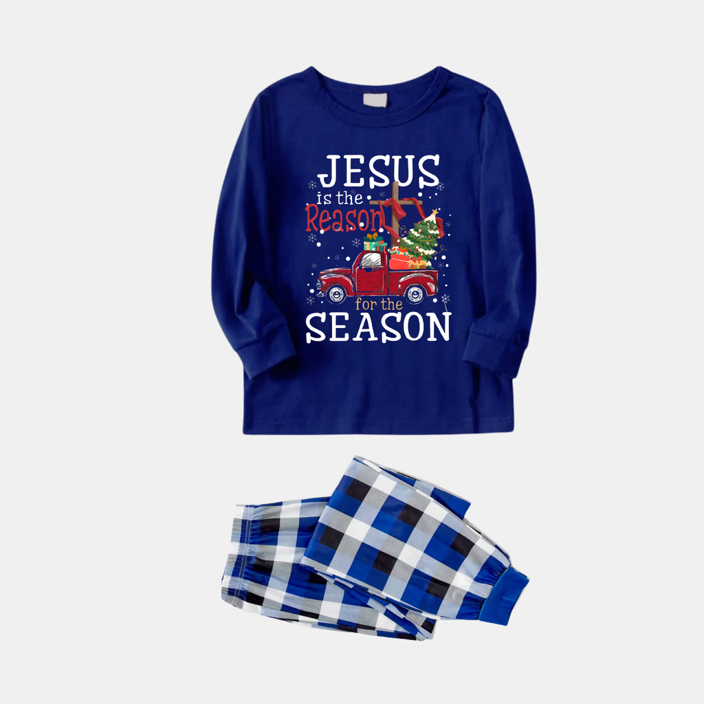 Navy & White Plaid Christmas Pajamas Set With "Jesus is the Reason for the Season" Text Print