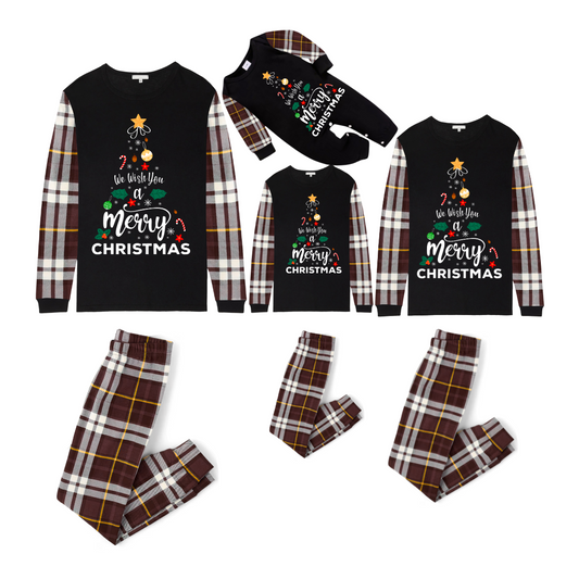 We Wish You a Merry Christmas Family Pajamas Set - Black Top / Brown Plaid Pants / Brown Plaid Sleeves