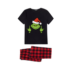 Grinch Middle Finger Family Pajamas Set - Black Top Red Pants Red Plaid Sleeves Grinch Face with Santa Hat and Gesture Print