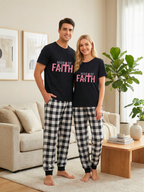 Black and White Plaid Short Sleeve Pajamas Set with Man Of Faith Text Printed