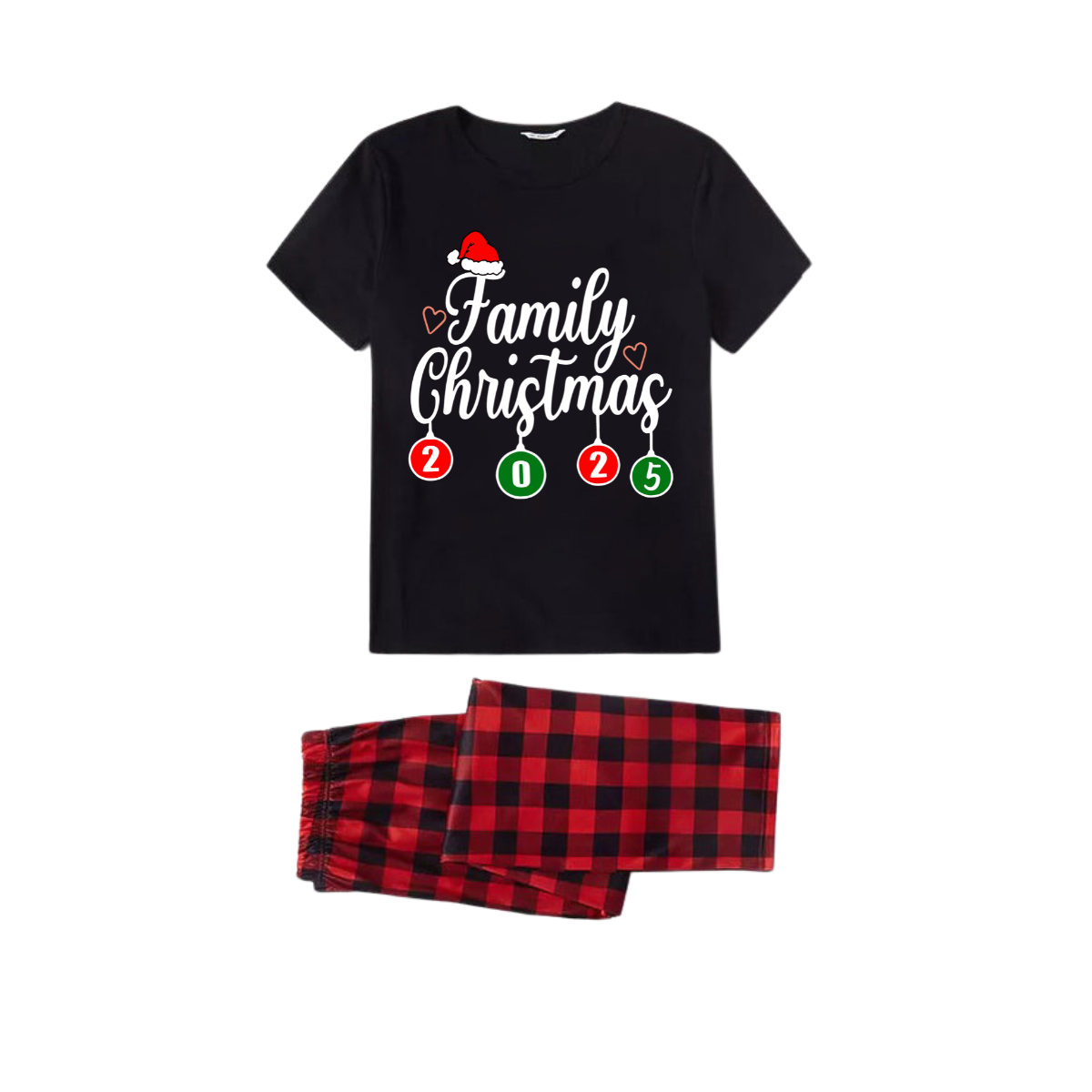"Family Christmas" 2025 Letter Print Black Short Sleeve with Red & Black Plaid Pant Family Matching Pajamas