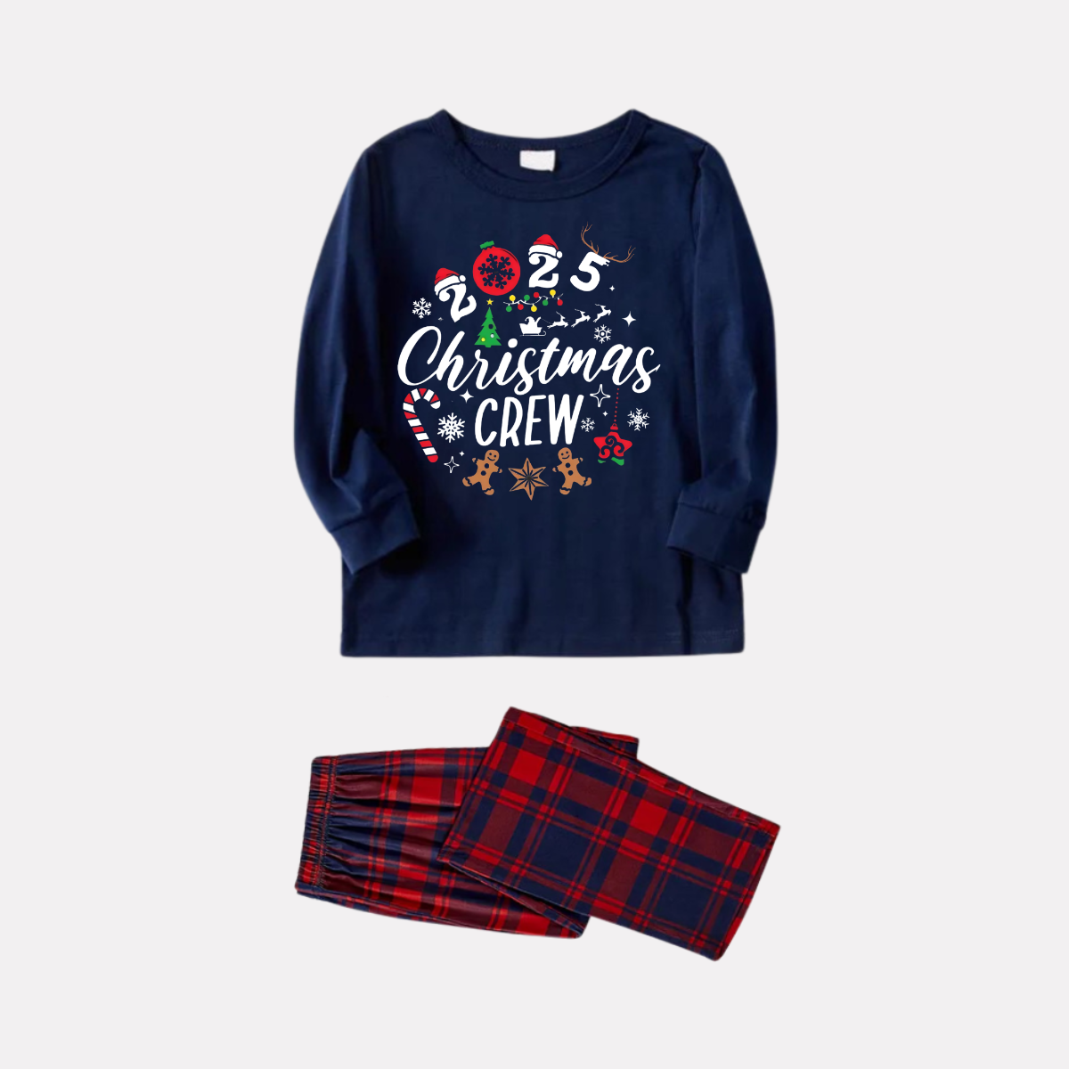 "2025 Christmas Crew" Text and Santa Hat Prints Blue Long Sleeves Top with Red and Blue Plaid Pants Christmas Matching Pajamas