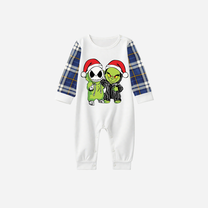 Blue Raglan Top Blue Plaid Christmas Pajamas Set With Grinch and Cartoon Pattern Print