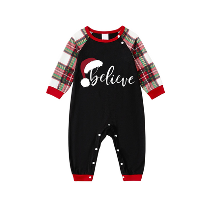 Christmas "Believe" Text Print Black Long Sleeve Top with Red & White & Green Plaid Family Matching Pajamas