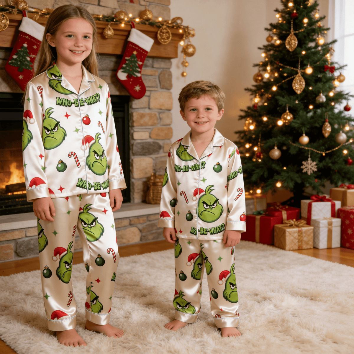 Angry Green Face & Who-Be-What Text Print Satin Button-Up Family Christmas Pajamas Set