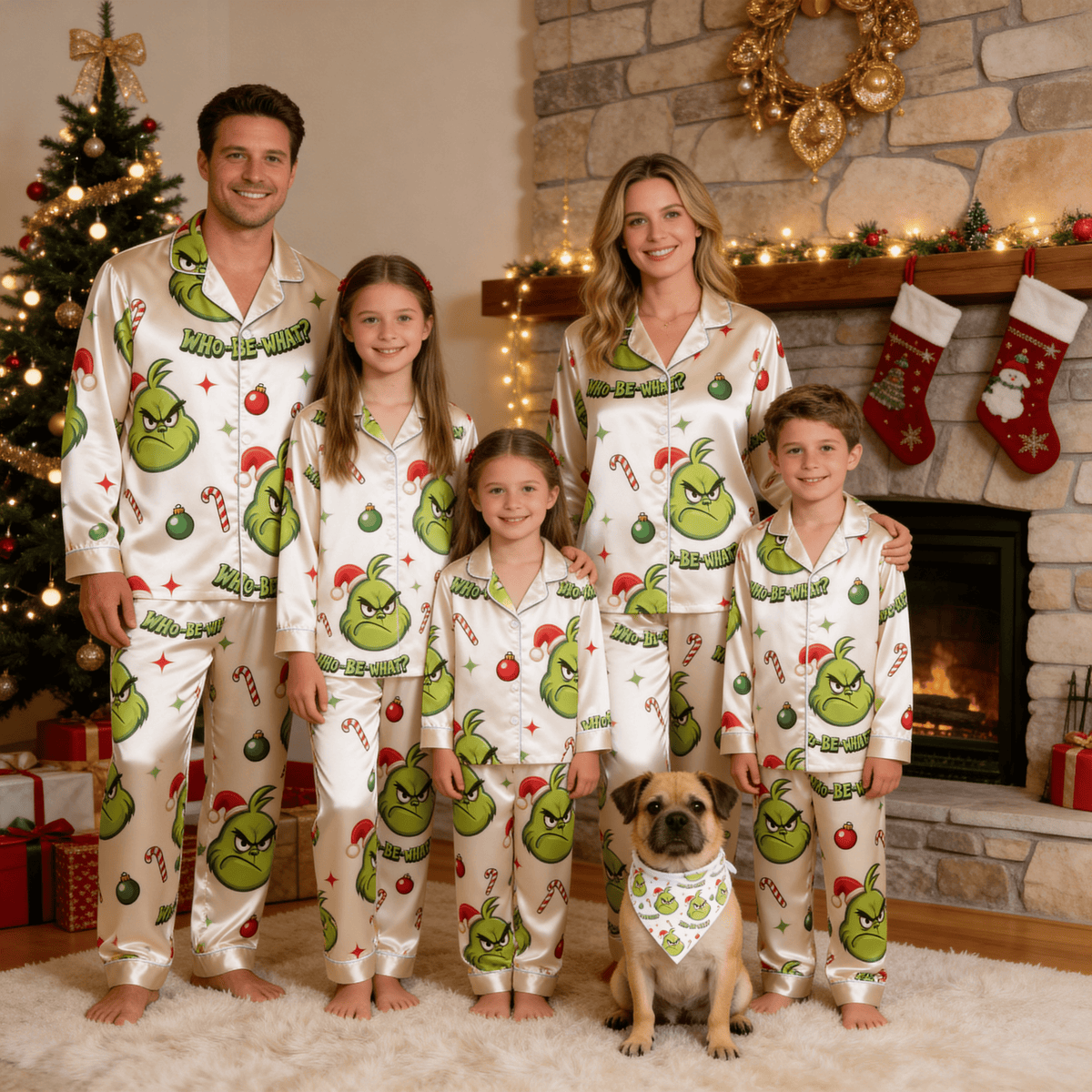 Angry Green Face & Who-Be-What Text Print Satin Button-Up Family Christmas Pajamas Set
