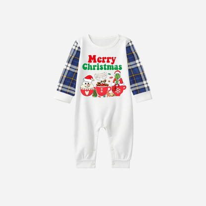 Blue Raglan Top Blue Plaid Christmas Pajamas Set With "Merry Christmas" and Cartoon Pattern Print